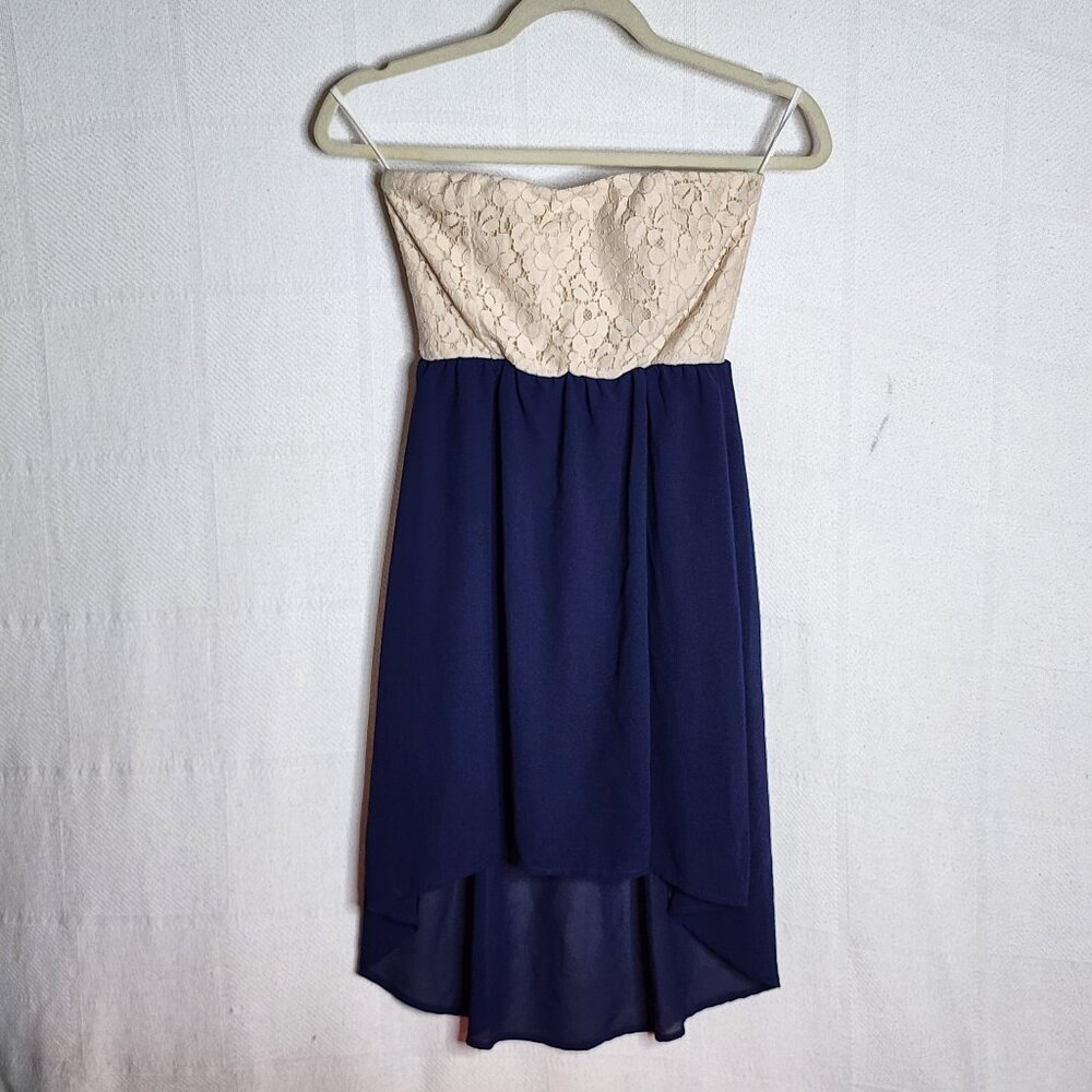 Body Central Cotton Ivory Lace Bodice with Navy Blue Strapless Asym Dress Size S